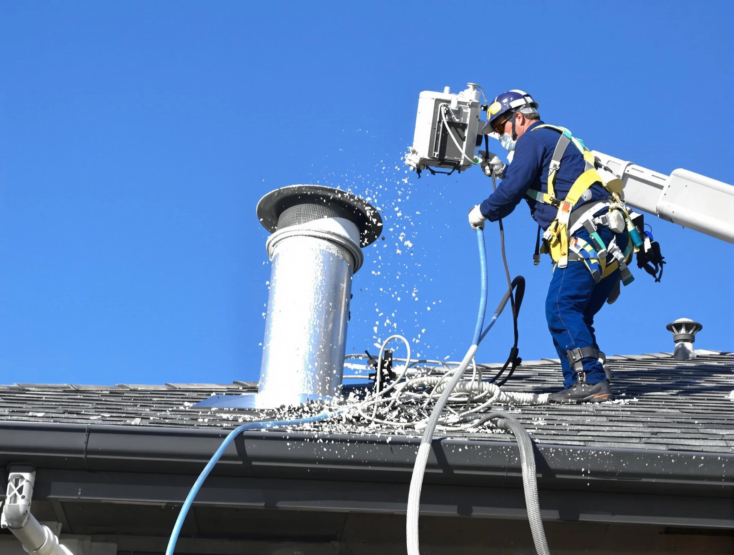 Lakewood Dryer Vent Cleaning certified technician safely cleaning a roof-mounted dryer vent in Lakewood