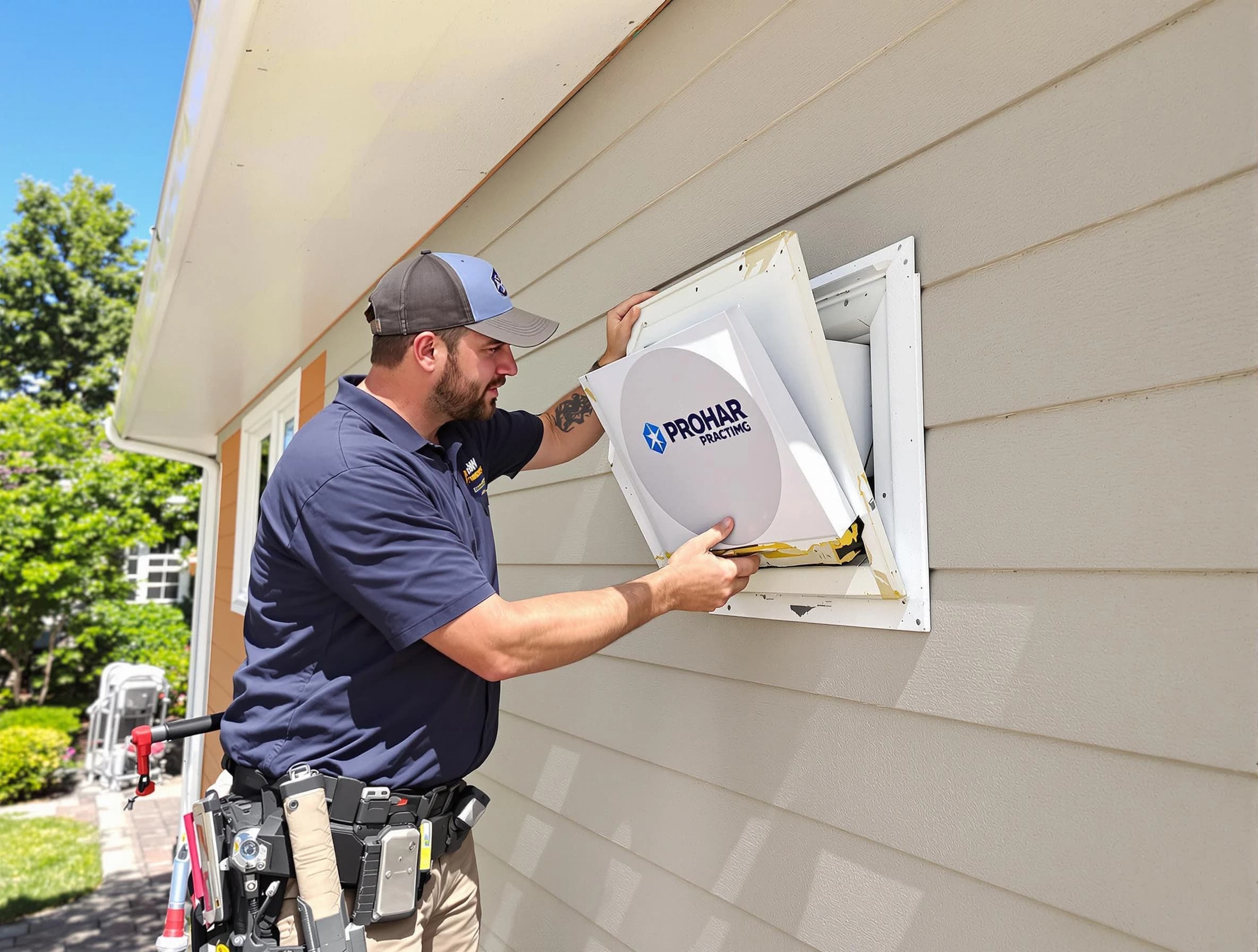 Lakewood Dryer Vent Cleaning technician installing a new protective dryer vent cover on a home in Lakewood