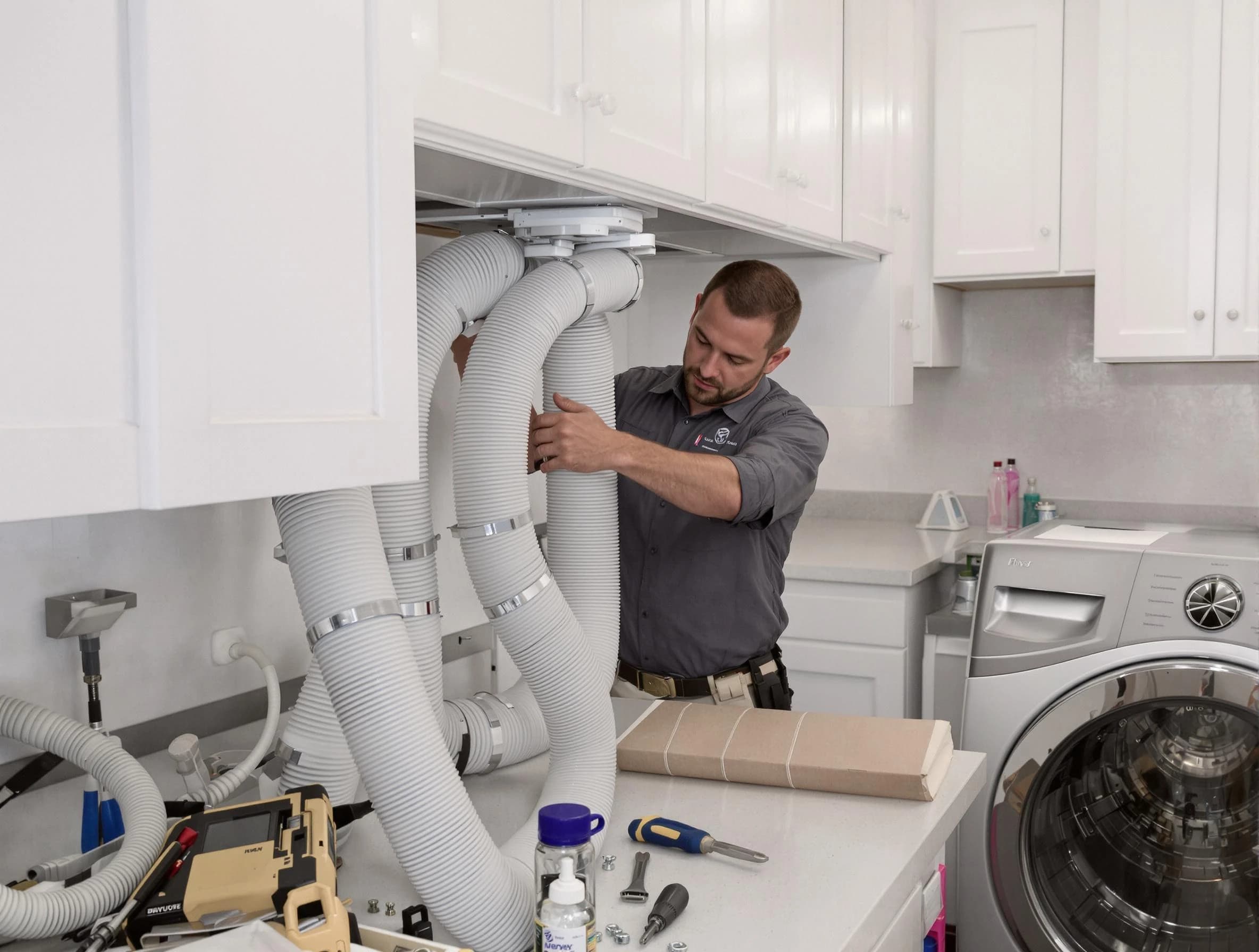 Lakewood Dryer Vent Cleaning technician installing a new professional-grade dryer vent hose in Lakewood