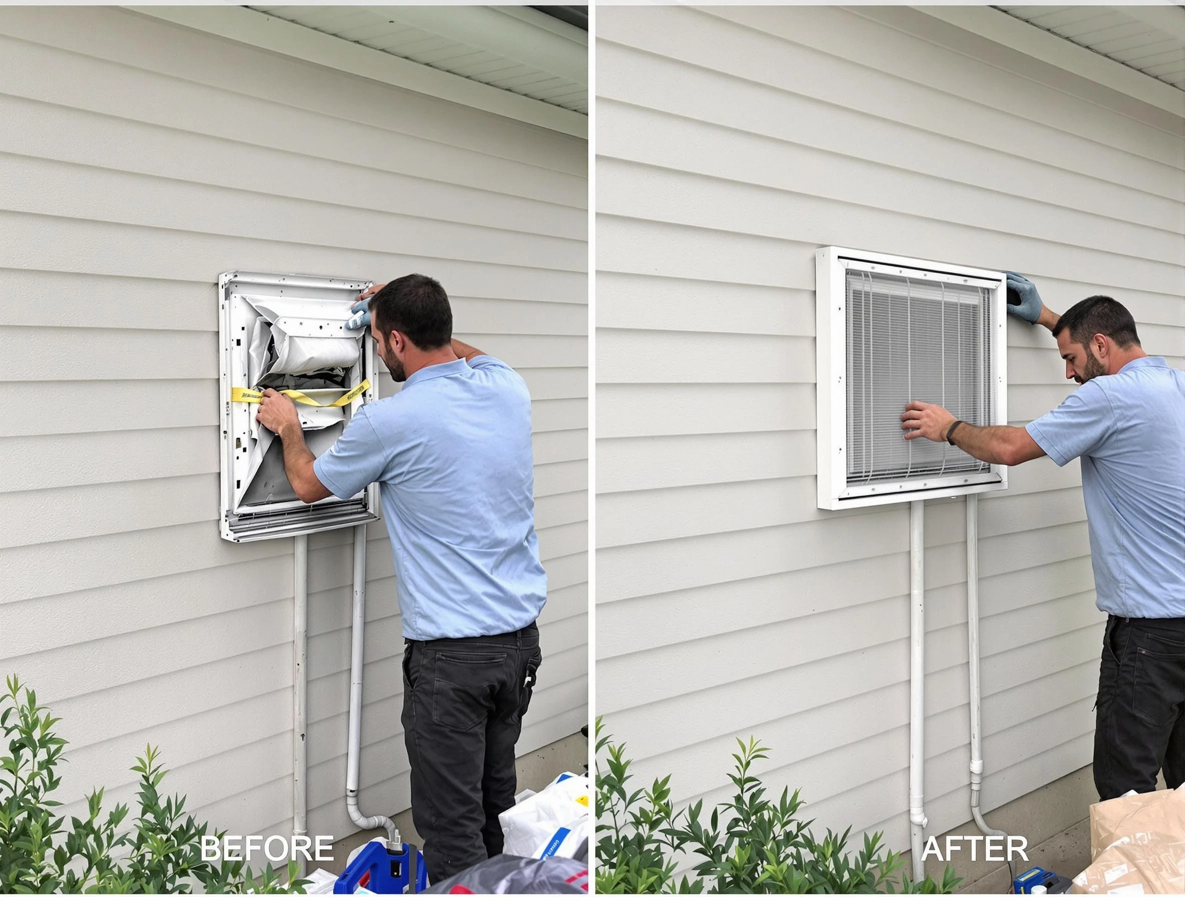 Lakewood Dryer Vent Cleaning technician installing high-quality dryer vent cover at a residential property in Lakewood